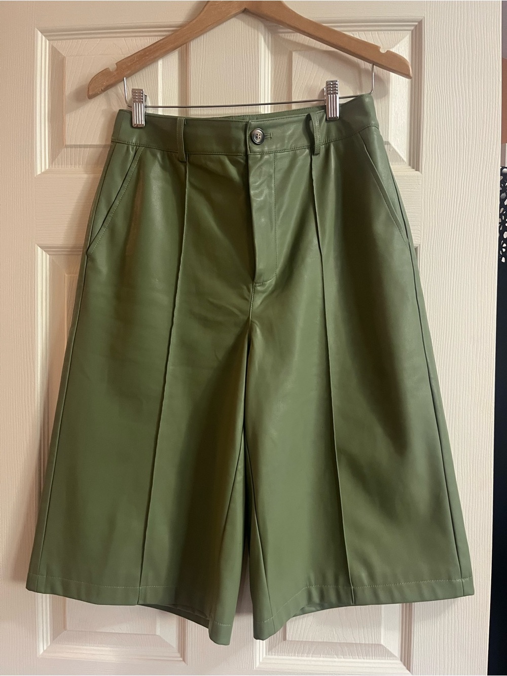 High-Waist Sage  Green Faux Leather Bermuda Shorts
